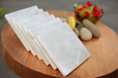 Coaster Set of 6 White Handmade Marble 3.5 Inch Bar Drink Cup Pad, Coffee Mug Square Coasters Set for Kitchen - Ideal Pot Drinks Tea Absorbent Coaster Plates