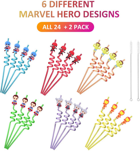 24 Superhero Straws with 2 Cleaning Brush 6 Designs Great for Birthday as Avengers Themed Party Favors and Party Supplies