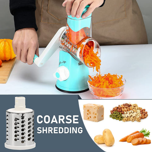 KEOUKE Rotary Cheese Grater Slicer - Round Mandoline Drum Slicer Manual Vegetable Slicer with a Stainless Steel peeler (Blue)