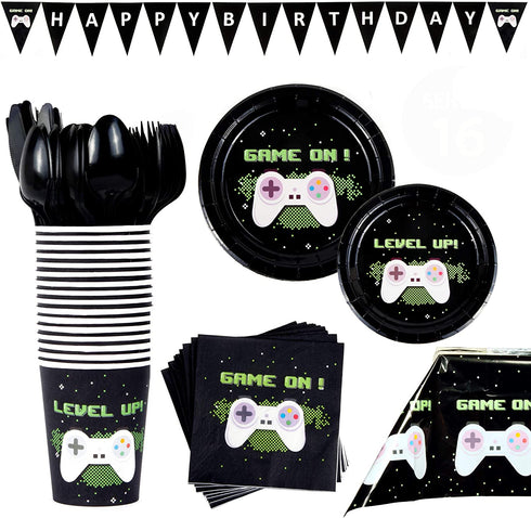 BleuZoo Video Game Party Supplies - Gamer Birthday Set Decorations Decor Gaming Theme Pack - Includes: Big and Small Plates, Tablecloth, Banner, Napkins, Cups, Forks, Knives, Spoons (Serves 16)