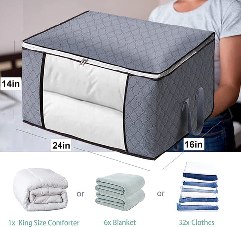 Clothes Storage Bags, 90L Large Capacity Foldable Organizer for Blanket, Bedding, Comforter, 3 Pack Organization with Reinforced Handle and Zippers for Closet and Underbed Storage Bag (Light grey)