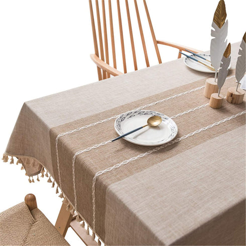 Fhberni Cotton Linen Stitching Tassel Tablecloth Embroidery Square Table Cover for Party Kitchen Dining Room Tabletop Decoration (Light Coffee, 55 x 55 Inch)