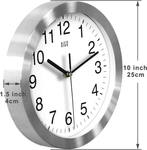 hito Modern Silent Wall Clock Non Ticking 10 inch Sweep Movement Aluminum Frame Glass Cover, Decorative for Kitchen, Living Room, Bedroom, Bathroom, Bedroom, Office