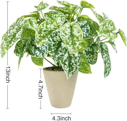 Hisow Artificial Potted Plants, 13" Faux Green Leaves Fake Plant with Natural Stone and Cement Pot Artificial Plants for Home Office Indoor and Room Decorations (A)