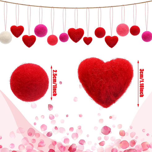 63 Pieces Wool Felt Balls and Felt Hearts Set Pom Poms Balls 15 Pcs Heart Shape Felt Wool Balls Valentine's Day Felt Balls DIY Decorative Felt Balls Crafts with Sewing kit for Garland Home Decor