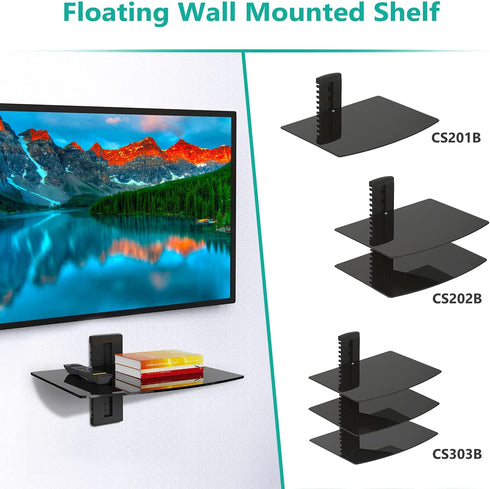 WALI Floating Entertainment Center Shelves, Holds Up to 17.6lbs, TV Shelf with Strengthened Tempered Glasses for DVD Players, Cable Boxes, Games Consoles, TV Accessories (CS201B), 1 Shelf, Black