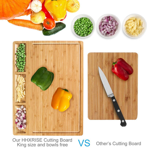 HHXRISE Large Bamboo Cutting Board With 3 Built-In Compartments And Juice Grooves - Kitchen Chopping Board for Meat (Butcher Block) Cheese and Vegetables (L 17 x 12.6")