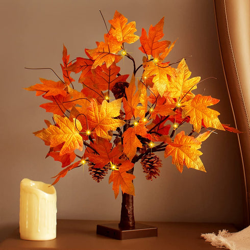 CKE 24 Inch Artificial Fall Tree Lighted Maple Tree Battery USB Operated w/Timer, 24 LED Thanksgiving Decorations Table Lights Tree for Autumn Wedding Party Gift Indoor Outdoor Harvest Home Decoration