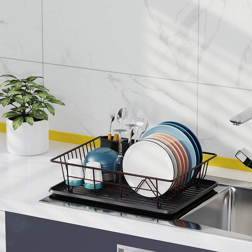 Dish Drying Rack, GSlife Small Dish Rack with Tray Compact Dish Drainer for Kitchen Counter Cabinet ,Bronze