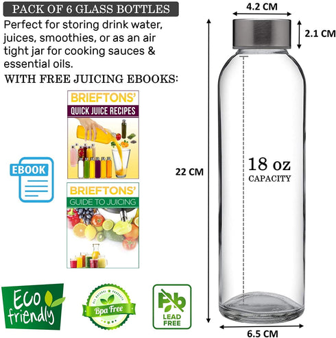 Brieftons Glass Water Bottles With Caps: Clear, 6 Pack, 18 Oz, Leakproof Lids, Premium Soda Lime, Best As Reusable Drinking Bottle, Sauce Jar, Juice Beverage Container, Kefir Kit, With Cleaning Brush
