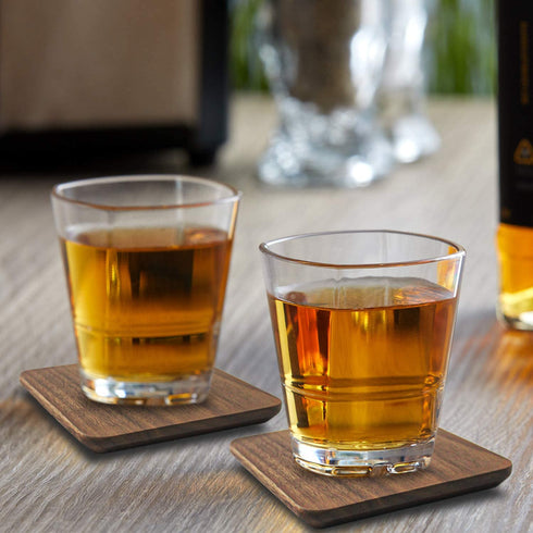 Eykao Drink Coasters with Holder, Coasters for Wooden Table, Farmhouse Coaster, 6 Pcs Square Walnut Wood Coaster(4 Inch), Fit Ceramic Cup and Glass Cup or Any Size of Drink Glasses, Housewarming Gifts