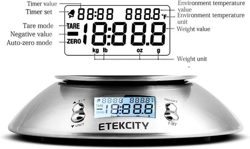 Etekcity Food Scale with Bowl, Timer, and Temperature Sensor, Digital Kitchen Weight for Cooking and Baking, 2.06 QT, Silver