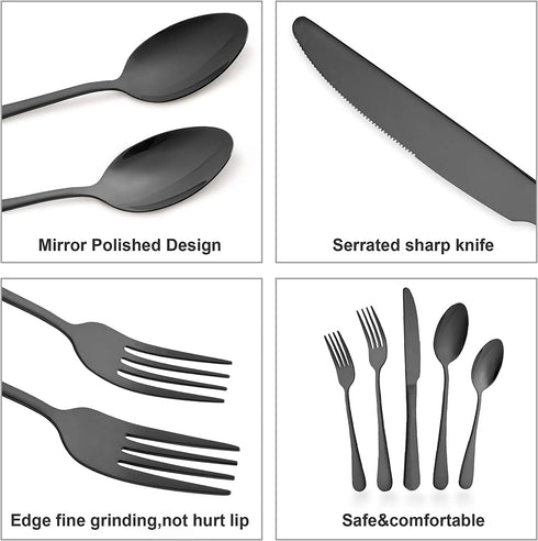 Black Silverware Set, 20 Pieces Flatware Cutlery Set ENLOY Stainless Steel Utensils Service for 4, Heavy Duty Gift and Dishwasher Safe, Mirror Polished Dinner Knife, Fork, Spoon for Restaurant