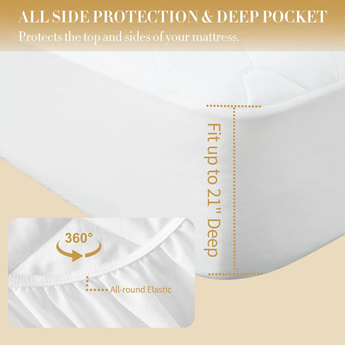 Twin XL Size Quilted Fitted Waterproof Mattress Pad, Breathable Mattress Protector, Premium Soft Filling Noiseless, 8-21 Inches Deep Pocket Mattress Cover (White)