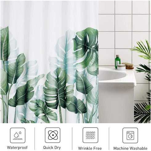 NICETOWN Plant Shower Curtain for Bathroom Waterproof, Fresh Palm Tree Banana Leaf Green Shower Curtain with 12 Rustproof Stainless Steel Hooks for Laundry Room, 72" by 72"