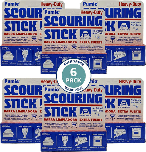 U.S. Pumice 1001 Pumie Scouring Stick, Heavy Duty, HDW, Remove Stains, Hard Water Rings, Rust and Paint, Carbon Buildups, (6 Pack)