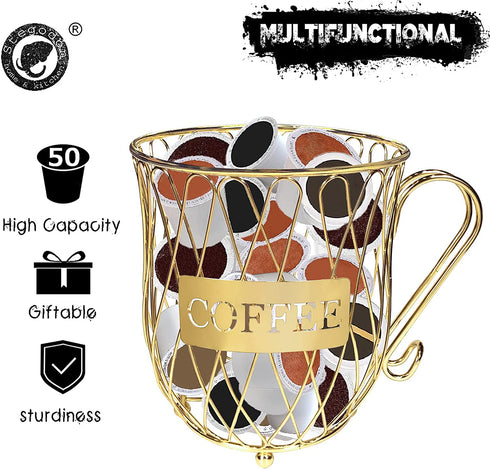 Golden K Cup Holder, 50 Coffee Pod Holder, Large Capacity Kcups Pod Organizer for Coffee Bar Decor, Coffee Pod Storage Basket Accessories for Counter, Table