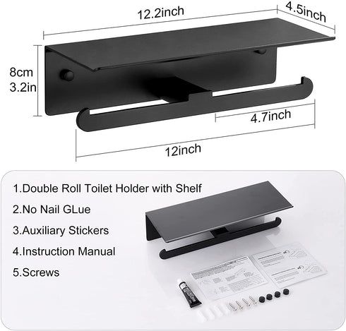 Toilet Paper Holder with Shelf,DUFU Double Toilet Paper Holder with Shelf for Bathroom, Anti-Rust Aluminum Self-Adhesive No Drill or Wall-Mounted with Screws for Bathroom (Matte Black)