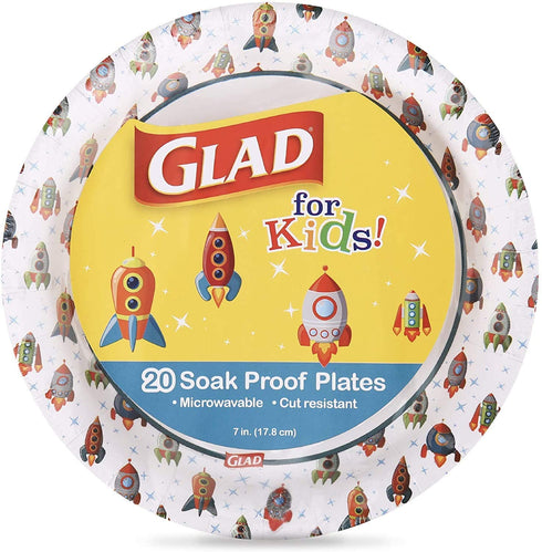 Glad for Kids Rocket Paper Plates, 20 Count - 6 Pack | Small Round Paper Plates with Cute Rocket Design for Kids | Heavy Duty Disposable Soak Proof Microwavable Paper Plates for All Occasions, 7 in.
