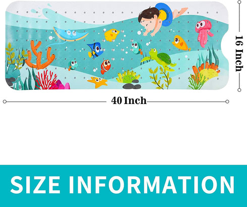 Tubozadi Baby Bath Mat,Extra Long Bath Mat for Tub for Kids,Non Slip Bathroom Bathtub Mat with Suction Cups, Drain Holes,40X16 Inch,Sea World