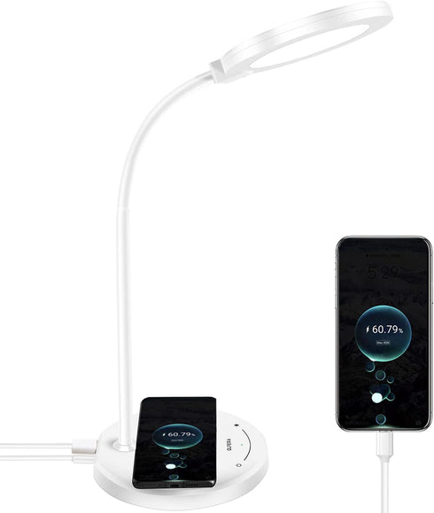 Desk Lamp with Wireless Charger, LED Desk lamp with USB Charging Port, 5 Lighting Modes 10 Brightness Levels, Sensitive Control Eye-Caring Office Lamp White