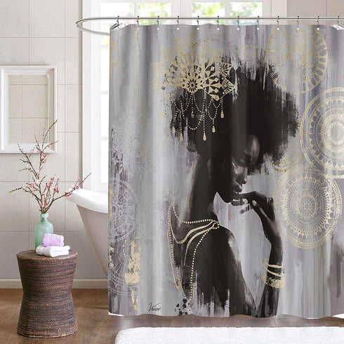 OuElegent African Woman Shower Curtain Black Girl with Mandala Pattern Decorations Bath Curtain Waterproof Fabric Bathroom Decor with Hooks 72x72 Inches Grey