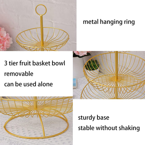 3 Tier Fruit Bowl Fruit Basket Countertop Metal Fruit Stand Holder Detachable and Hangable for Fruits Snacks Vegetables