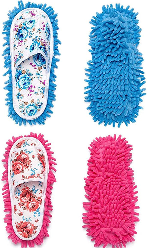 2 Pairs Microfiber Slipper Cleaning Mop Slippers Washable Detachable House Shoe Cover Dust Floor Cleaner for Bathroom Office Kitchen, Blue + Rose Red