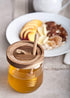 Honey Jar Pot Glass Holder Dispenser Set with Wooden Dipper Stick and Acacia Lid Cover for Home Kitchen, Clear, 14 Ounces, Modern Honey Syrup Glass Container for Storage Gift, Honey Pot and Drizzler