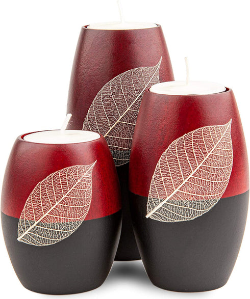 IYARA CRAFT 3 Wooden Candle Holders Decorative Candle Holders with Beauty Decor Dry Leaf Intricate Details Matte Wood Finish Ideal for Modern & Rustic Settings 2 Tones, red, Black (Rugby Shape)