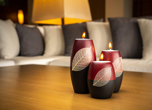 IYARA CRAFT 3 Wooden Candle Holders Decorative Candle Holders with Beauty Decor Dry Leaf Intricate Details Matte Wood Finish Ideal for Modern & Rustic Settings 2 Tones, red, Black (Rugby Shape)
