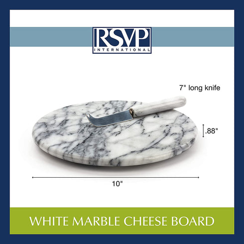 RSVP International Cheese Board & Knife, 10 Inch, White Marble