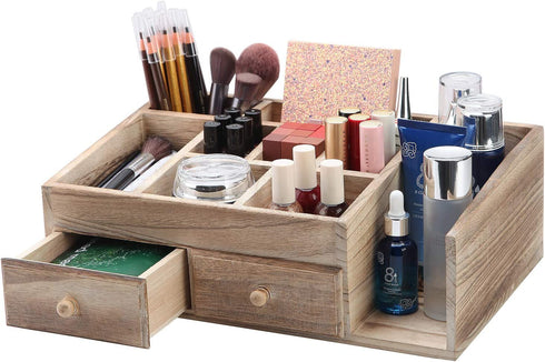 X-cosrack Rustic Wood Desk Cosmetic Office Drawer Jewelry Storage Organizer Box, Countertop Stationery Coffee Supplies Makeup Case for Bathroom Vanities Dresser Table