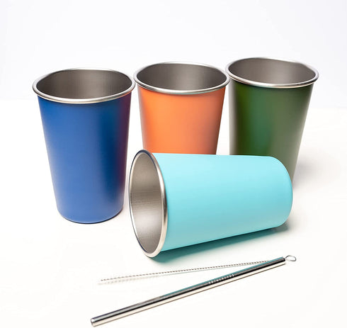 ABGOODS Premium Pint Stainless Steel Cups for Kids and Adults 16 oz - Drinking Glasses Made of Material Indoor Outdoor Activities Four with Cleaning brushes & Straws in a Clear Pack