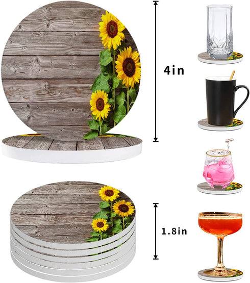 ZEREAA Sunflowers Absorbent Coasters for Drinks-Creamic Coaster with Holder, Set of 6 Wood Texture Ceramic Stone Cups Coaster with Cork Base for Coffee, Living Room Bar Office Table Decor