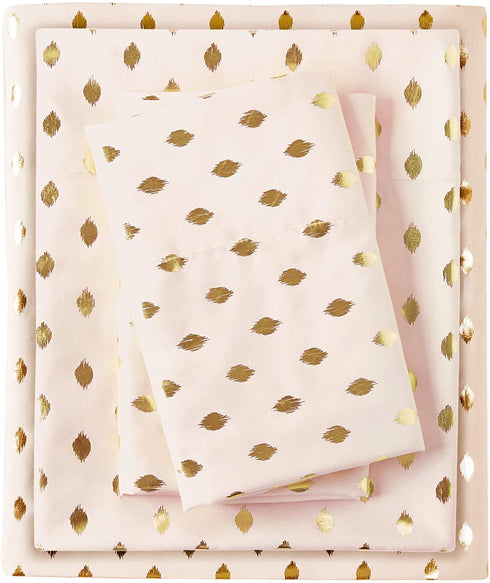 Intelligent Design Microfiber Bed Sheet Set Wrinkle Resistant, Soft Sheets with 12" Pocket, Modern, All Season, Cozy Bedding-Set, Matching Pillow Case, Twin, Metallic Blush/Gold, 3 Piece