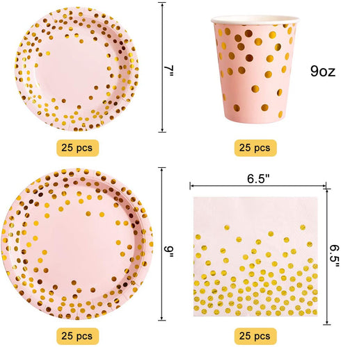 Pink and Gold Party Supplies Disposable Dinnerware Set Serves 25 Gold Dots on Pink Paper Plates Cups and Napkins, Gold Plastic Knives Spoons Forks for Baby Shower Wedding Party Bridal Shower