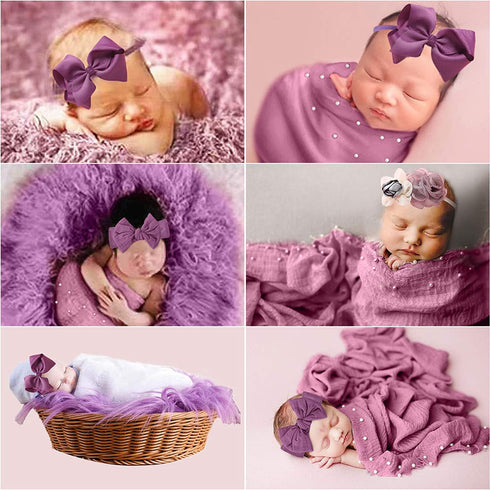5 Pcs Newborn Photography Props Outfits- SPOKKI 35x67 Baby Long Ripple Wrap and Toddler Swaddle Blankets Photography Mat with Cute Headbands for Infant Boys Girls(0-12 Months) (Purple)
