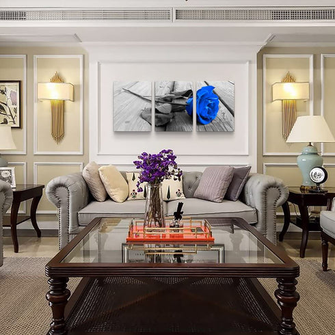 Flower Painting Family Wall Decor for Living Room 3 Pieces Floral Canvas Wall Art Modern Blue Rose Picture Print Bedroom Bathroom Kitchen Home Decoration Artwork