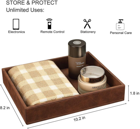 SITHON Valet Tray Desk Organizer, PU Leather Catchall Tray Bedside Vanity Tray Nightstand Caddy Coin Box Key Jewelry Storage Organizer, Brown