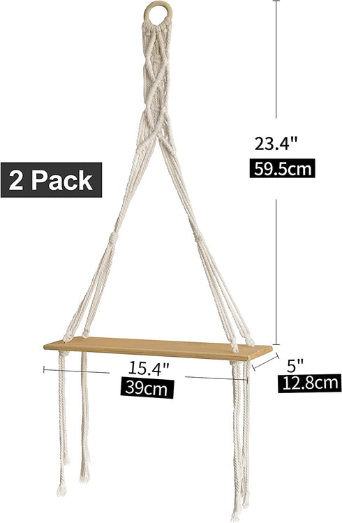 MAZJOARU Macrame Wall Hanging Shelves Bohemian Handmade White Cotton Rope Sturdy Wooden Floating Shelf Decor Storage for Plants Photo Frame for Bathroom Bedroom Living Room-1 Tier Set of 2