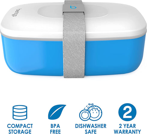 Bentgo Classic - All-in-One Stackable Bento Lunch Box Container - Modern Bento-Style Design Includes 2 Stackable Containers, Built-in Plastic Utensil Set, and Nylon Sealing Strap (Blue)