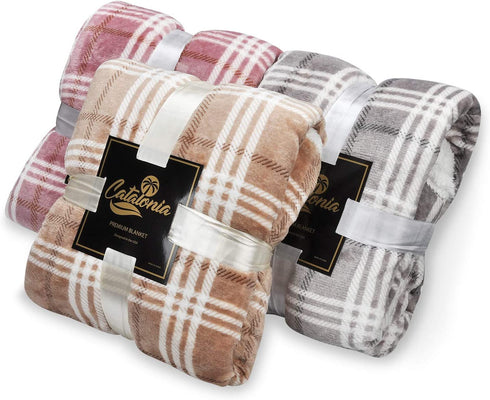 Plaid Sherpa Throw Blanket, Plush Flannel Holiday Throws for Couch Sofa Cabin Decro, Super Soft Reversible TV Blanket, Comfy Caring Gift 50"x60", Buffalo Pink