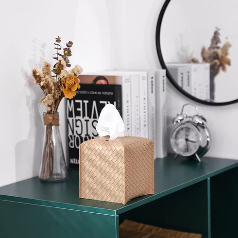 LURRIER Tissue Box Cover, Modern Woven PU Leather Square Tissue Box Holder, Decorative Box for Bathroom Vanity Countertop, Night Stands, Office Desk & Car 5"x5"x5" (Sandy)