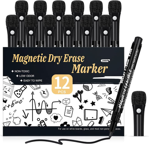 Magnetic Dry Erase Markers Fine Point - 12 Pack White board Markers with Eraser Cap for Kids, Black Low Odor Erasable Ultra Fine Tip Dry Erase Whiteboard Markers - School & Office Supplies