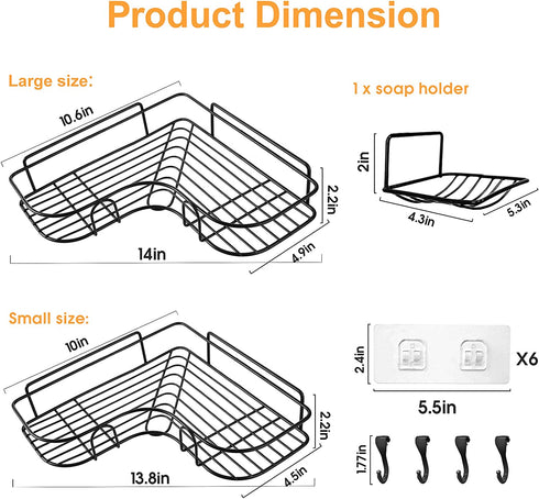 ASHINER Corner Shower Caddy, Bathroom Organizer Shelf Rust Proof Bathtub Storage Basket Accessories - No Drilling Shampoo Holder with Soap Holder Rack and Adhesive Hooks - 3 Pack, Black