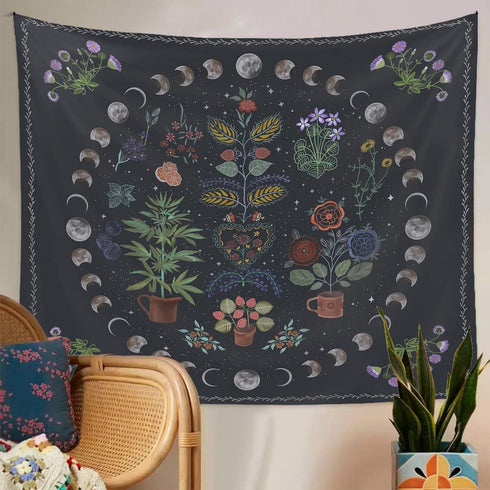 LAIMAILER Botanical Plant Tapestry Decor For Bedroom Aesthetic, Boho Moon And Sun Wall Hanging Tapestry, Large Nature Wall Decor Blanket Mandala Tapestry For Bedroom Home Dorm----60" X 80"