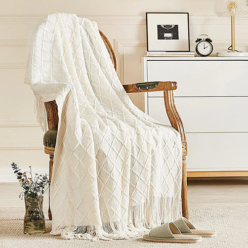 Inhand Knitted Throw Blankets for Couch and Bed, Soft Cozy Knit Blanket with Tassel, Off White Lightweight Decorative Blankets and Throws, Farmhouse Warm Woven Blanket for Men and Women, 50"x60"