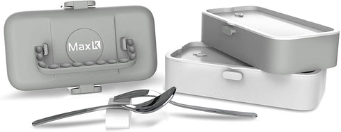 Max K Bento Box with Stainless Steel Cutlery and Carrying Handles, Lunchbox for Adults, Kids and Children, Hot or Cold Food Storage, 2 Trays, Cool Grey