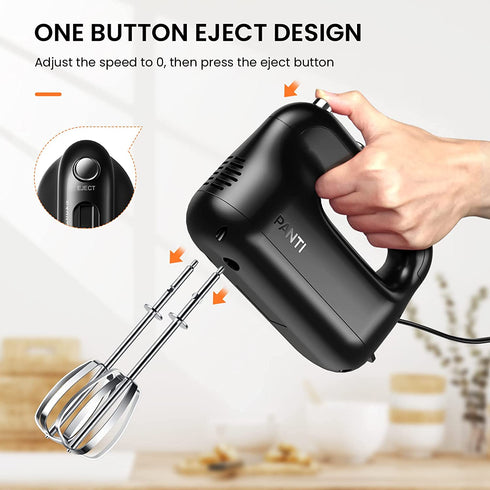 Hand Mixer Electric, PANTI Kitchen Handheld Small Mixer with Beaters and Whisk, 5 Dishwasher-safe Accessories, 5 Speeds & Eject Button, Portable Mixers for Easy Whipping Dough, Cake and Cream, HM3002